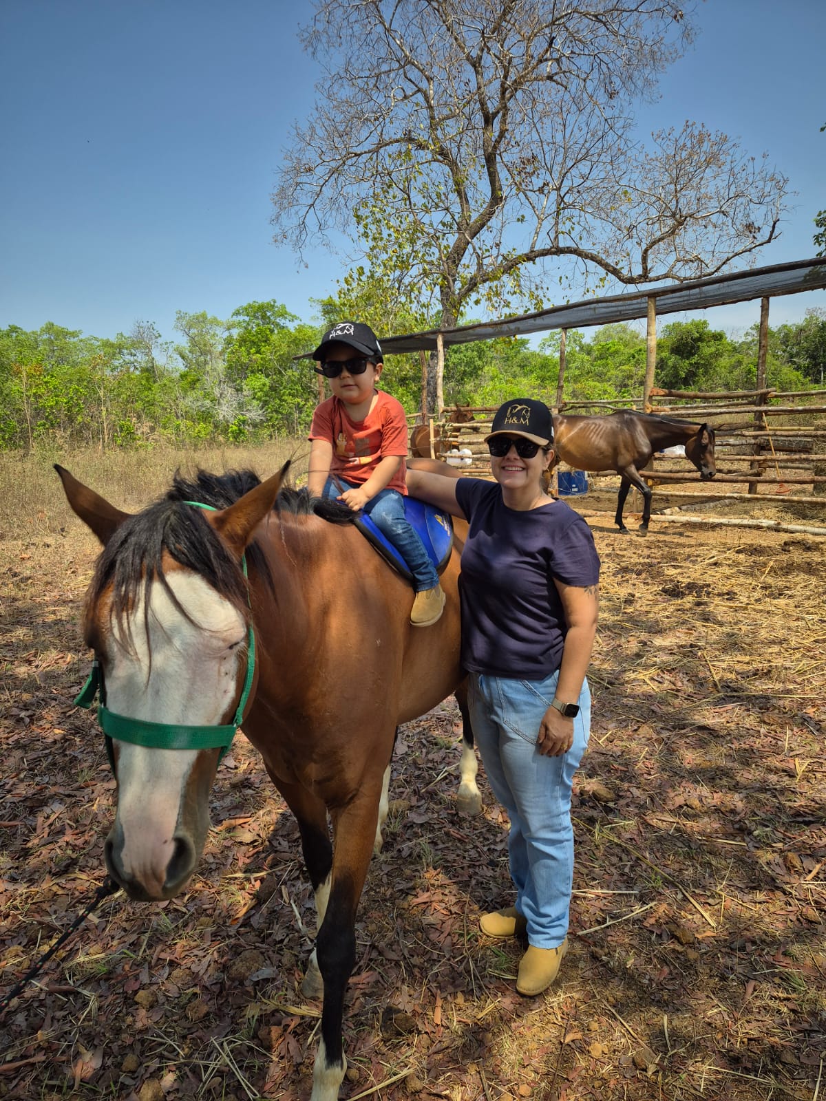 Marlupe ao lado de um cavalo com uma criança montada